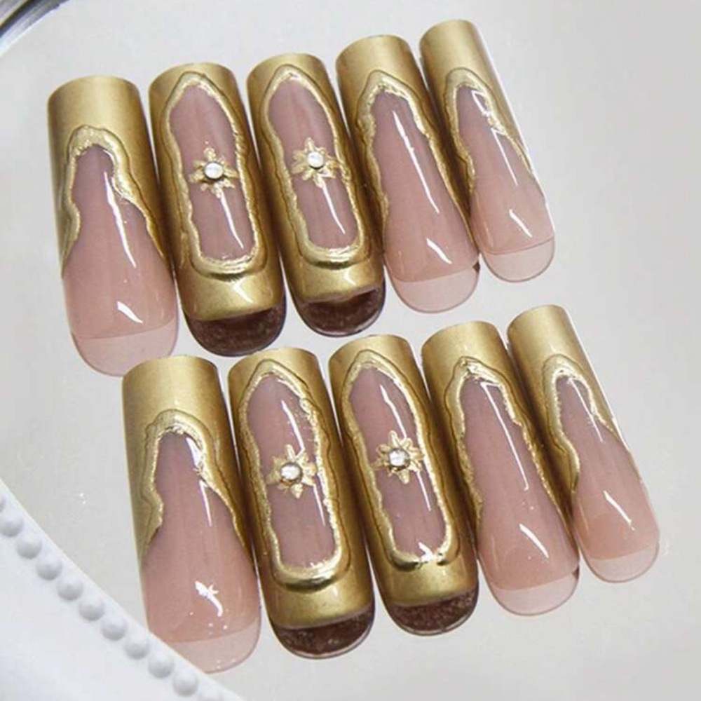 24-Piece Long Square Nail Art Patches Simple French Star Diamond Glossy Nails - Picture 2 of 3